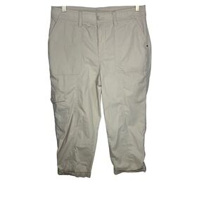 Chicos Cargo Crop Pants Size 8 Beige Mid Rise Utility Pocket Cuffed Hem Coastal
